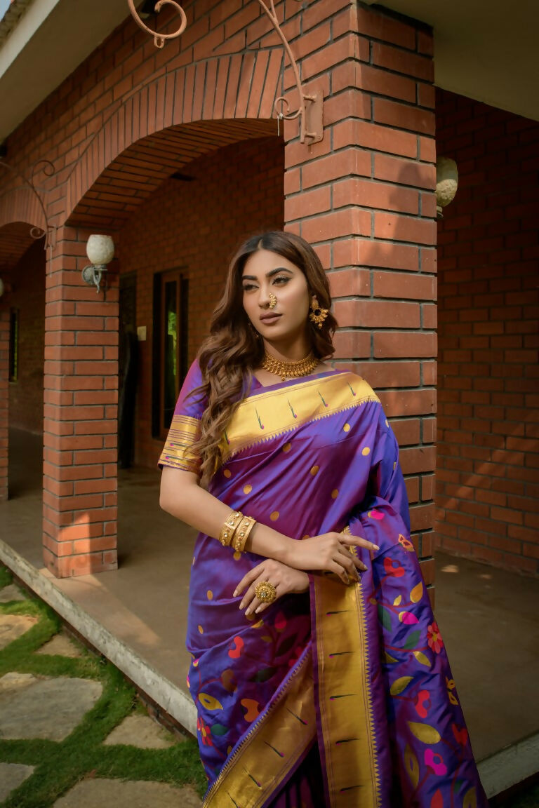 Purple Paithani Silk Saree with Zari Woven Border and Blouse