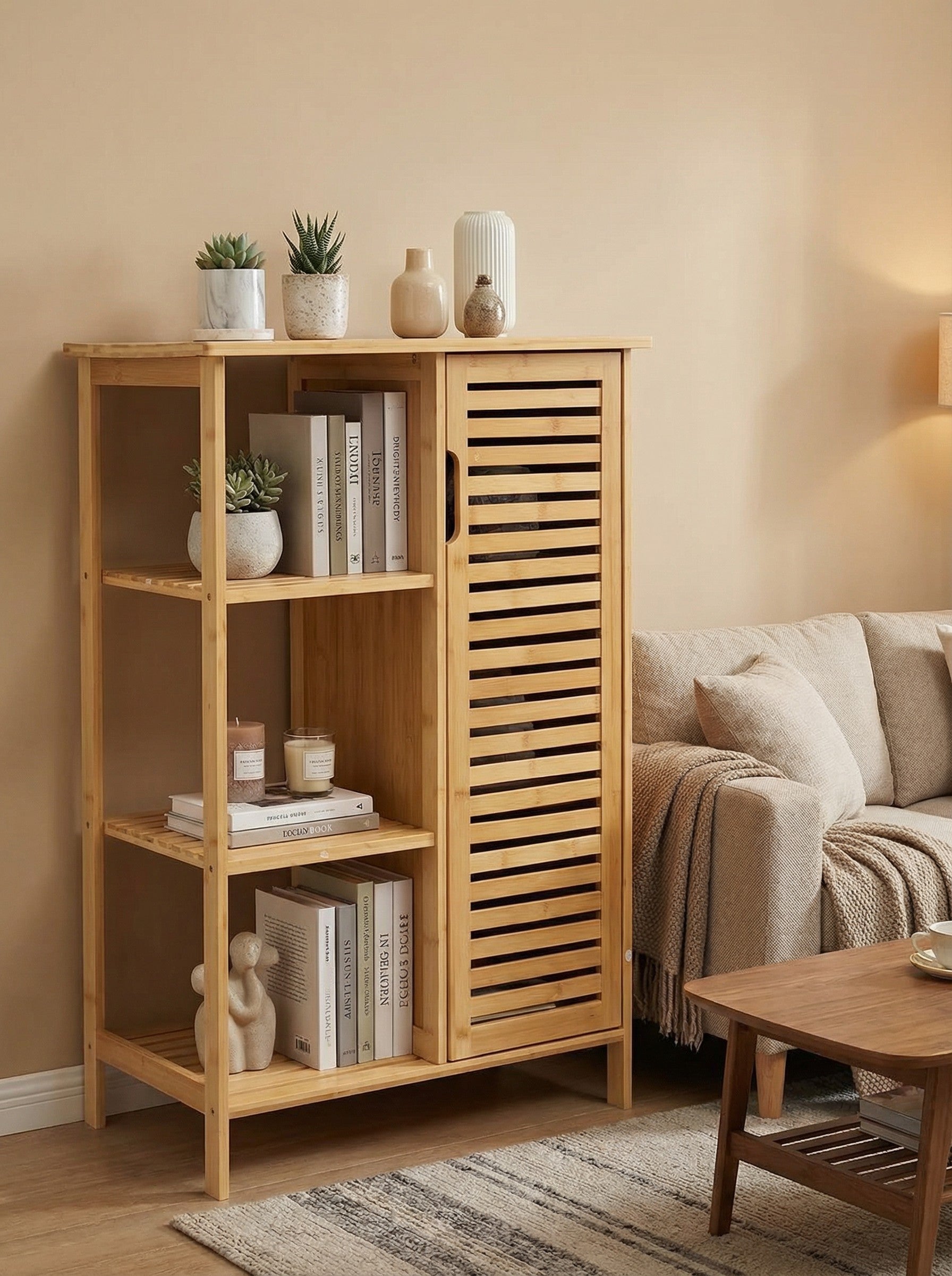 4-Tier Bamboo Floor Cabinet with Doors for Minimalist Storage