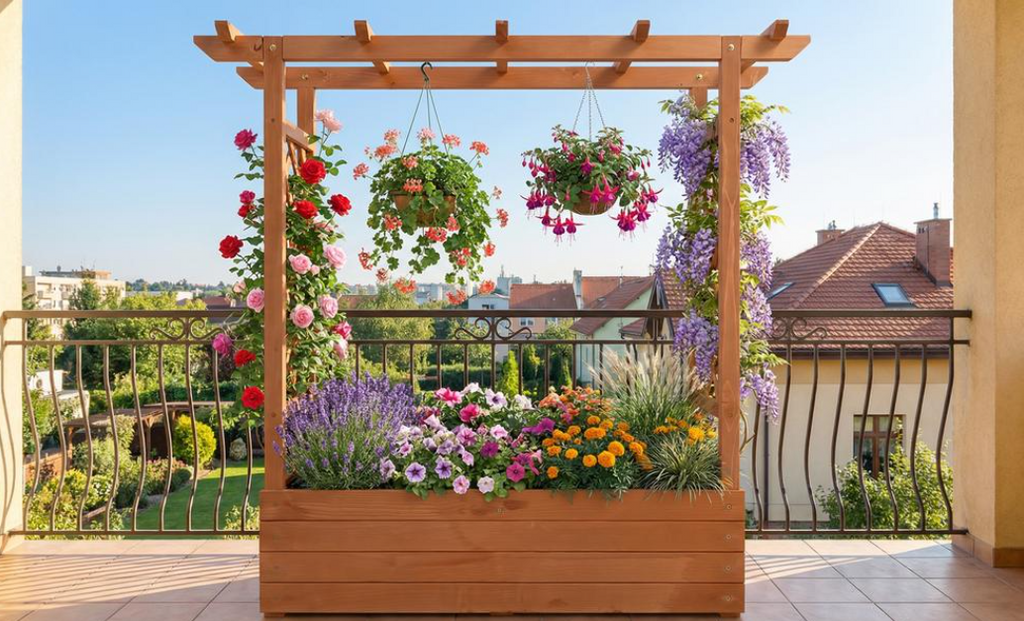 Raised Wooden Planter Box with Trellis for Climbing Plants Brown