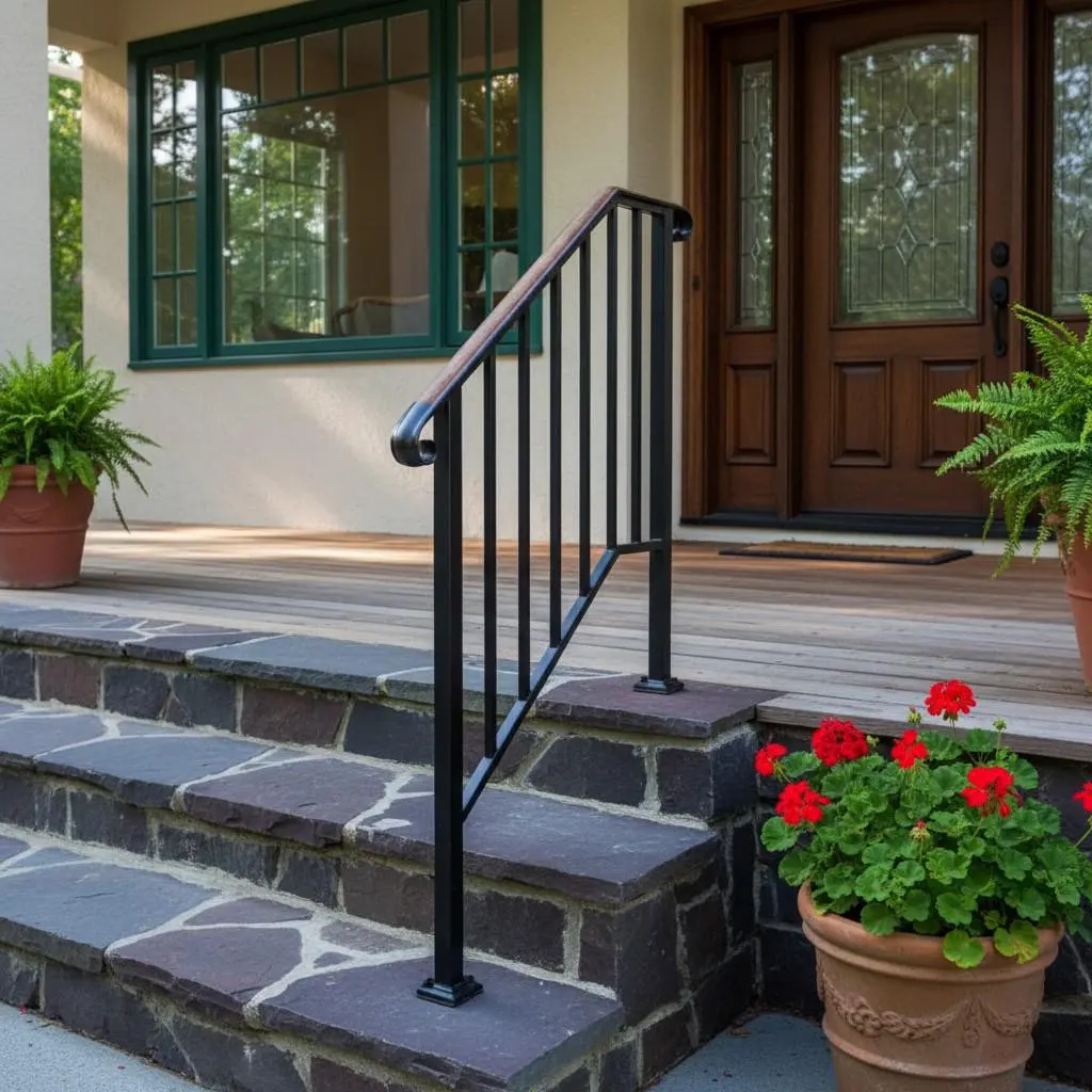 Adjustable Outdoor Stair Handrail for 1–4 Steps, Black Steel Railing