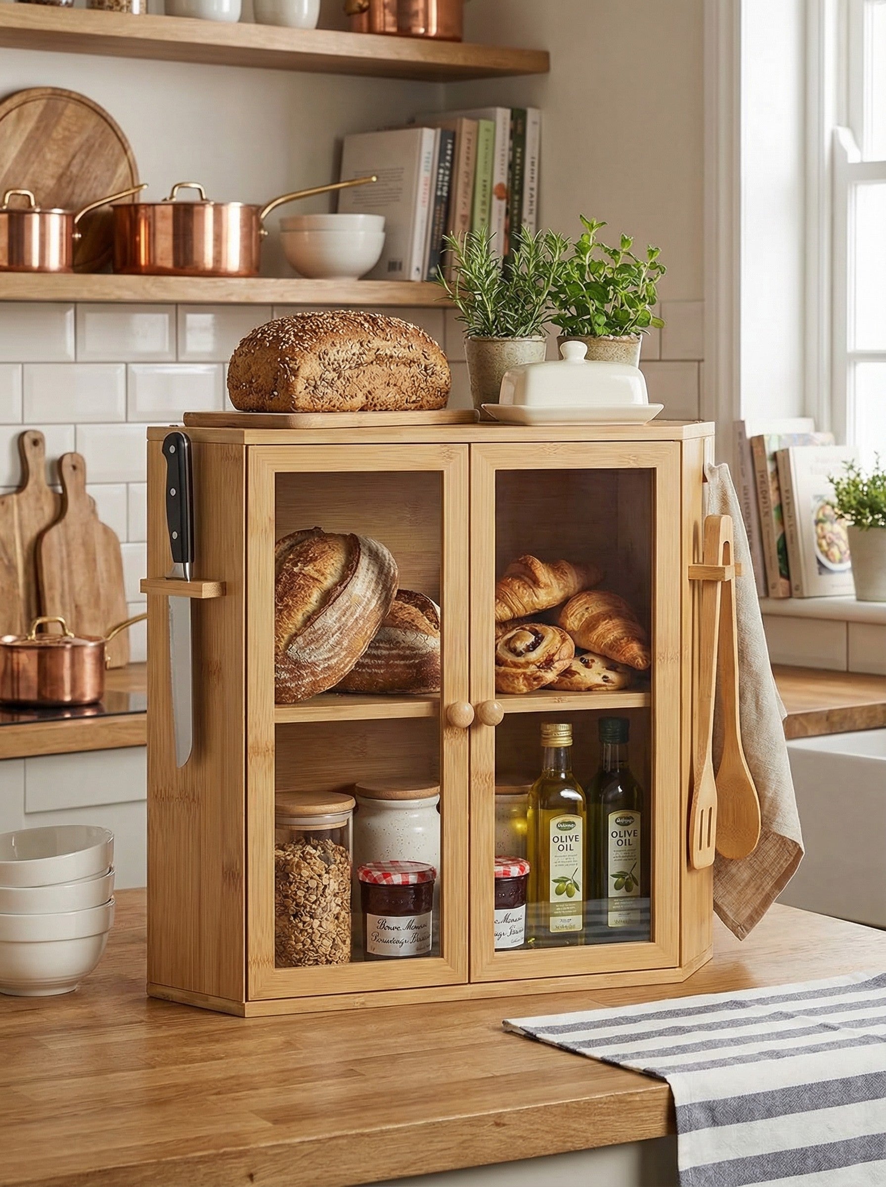 2-tier bamboo bread box with transparent doors on a clean kitchen countertop