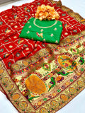 Premium red Vichitra silk saree with intricate embroidery and diamond detailing