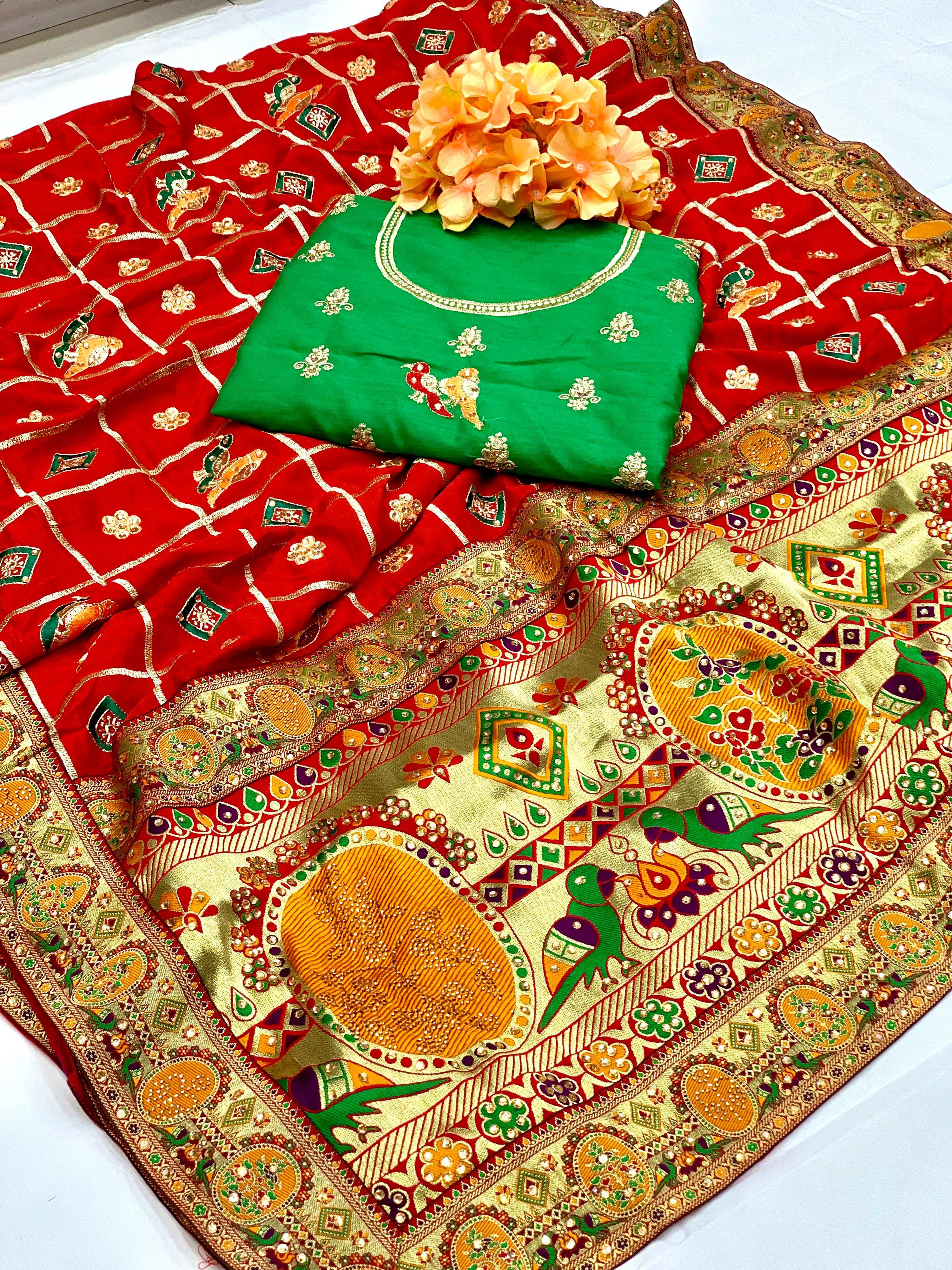 Premium red Vichitra silk saree with intricate embroidery and diamond detailing