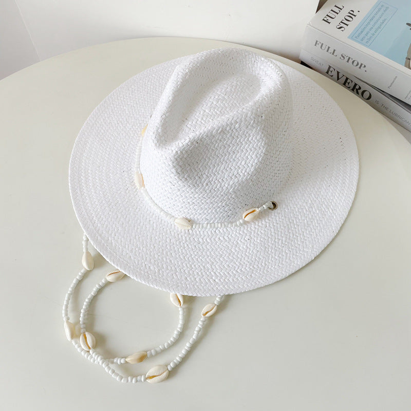 Beaded Seashell Straw Fedora – Bohemian Coastal Summer Hat