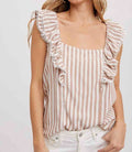 Close up of the Kate Striped Blouse in beige and white stripes.