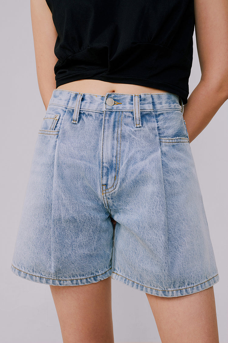 Light Blue Pleated Short Jeans for All