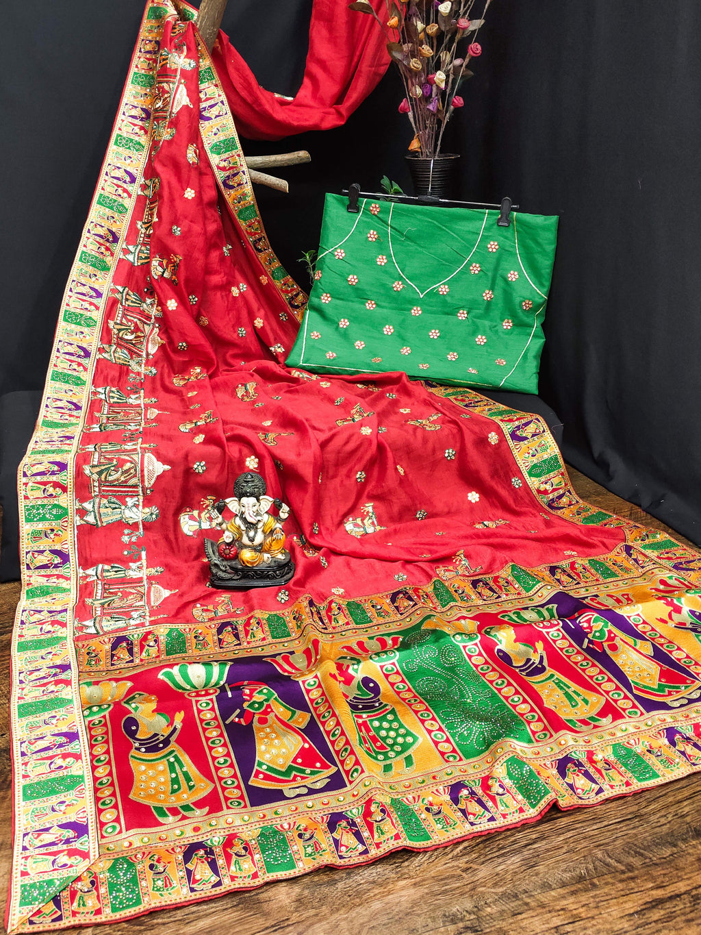 Premium red Vichitra Silk saree with intricate embroidery and diamond work on both sides with matching blouse