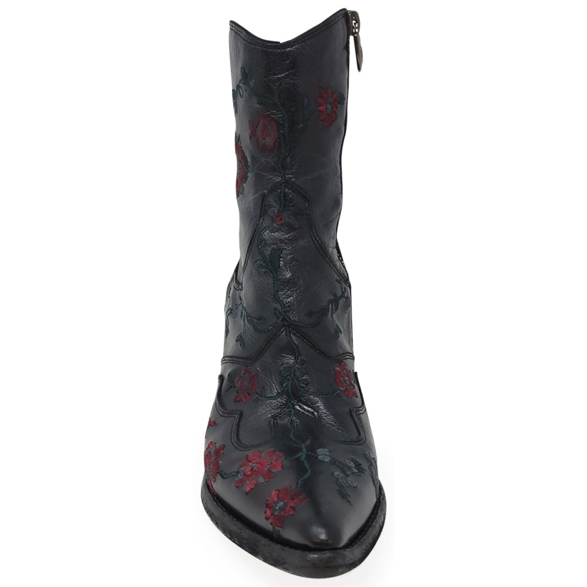 Black Leather Embroidered Ankle Boot