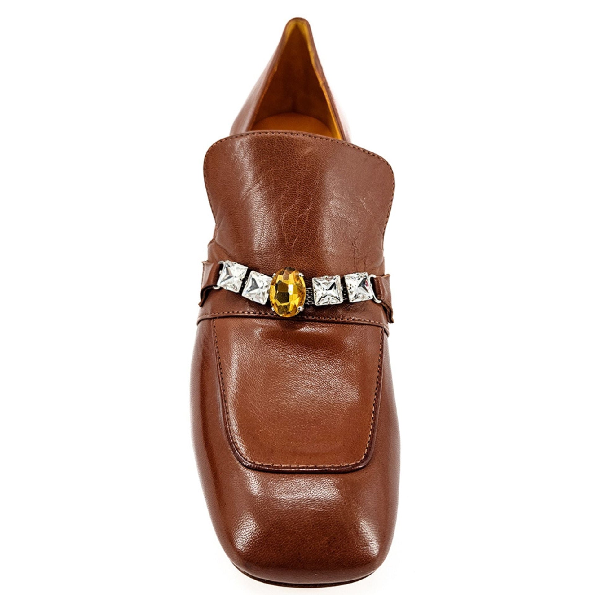 Cognac Leather Mid Heel Jeweled Loafer