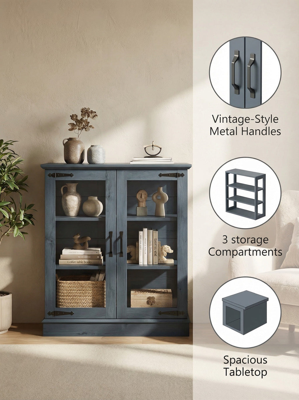 Modern Glass Door Cabinet with Adjustable Shelves, Compact Storage