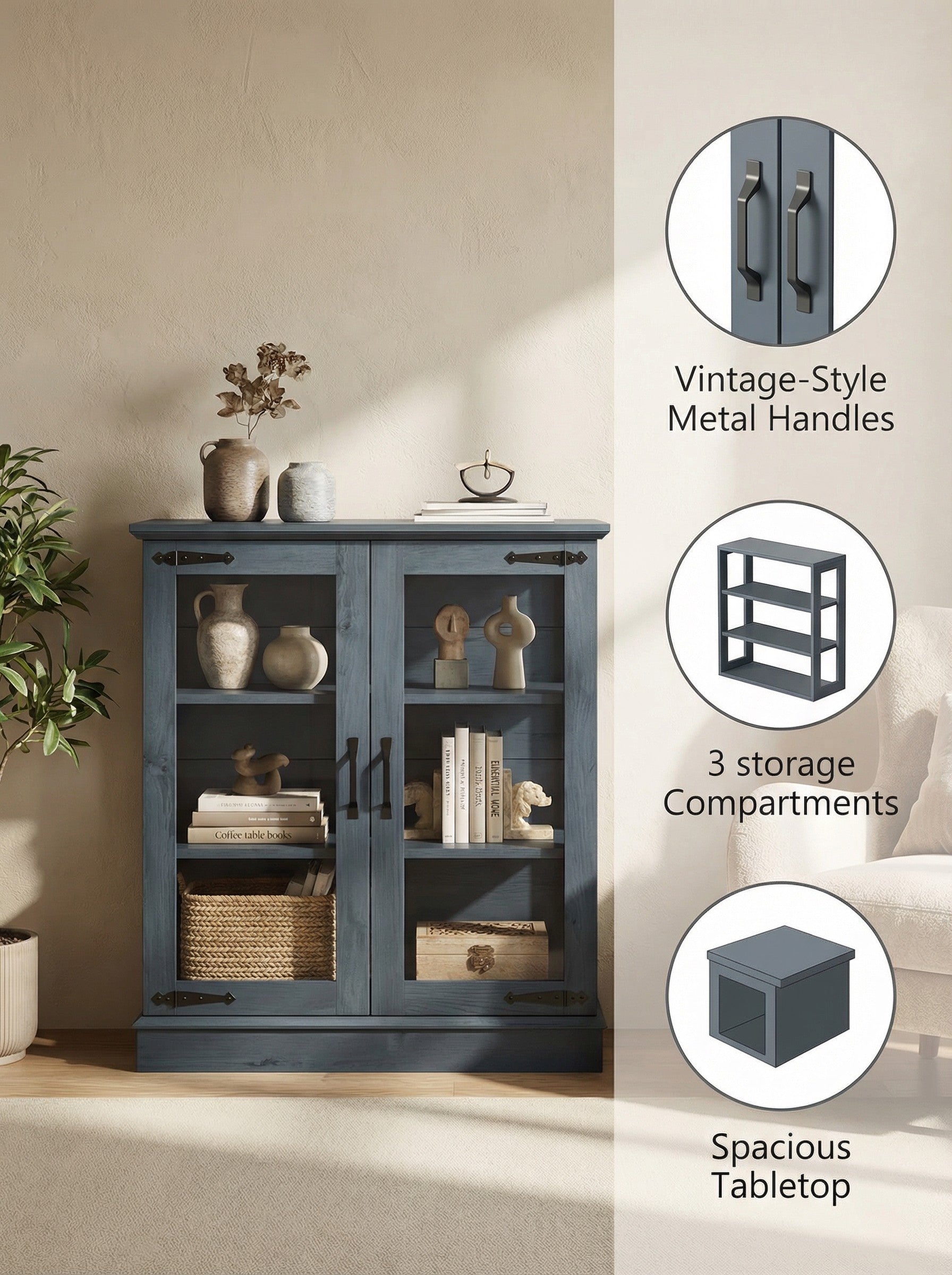 Modern Glass Door Cabinet with Adjustable Shelves, Compact Storage