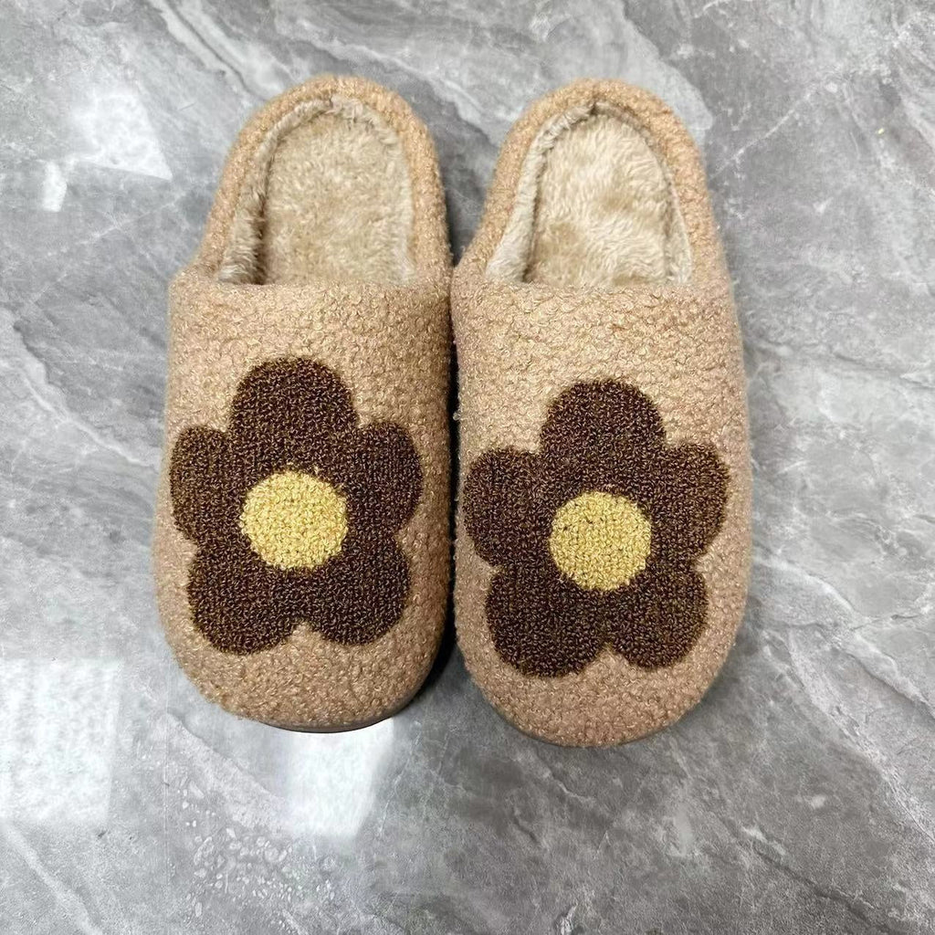 Whimsical Smiley Face Plush Slippers – Warm Knit House Shoes