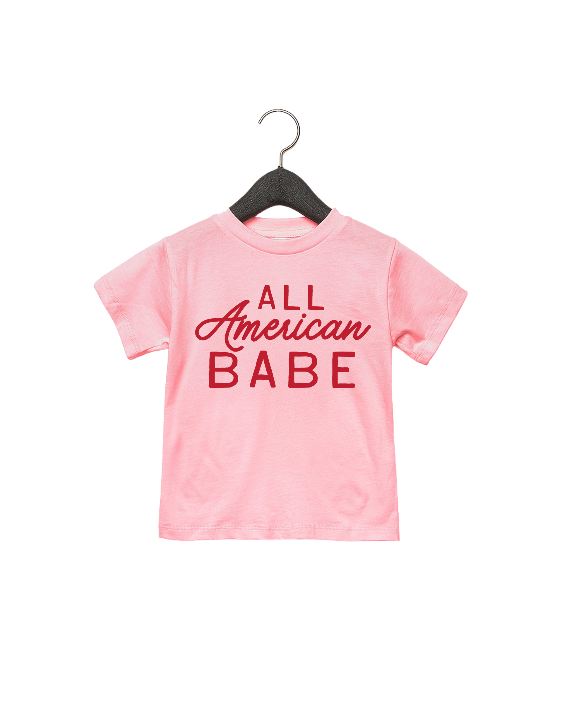 All American Babe graphic t-shirt for kids in pink, cream, or white.