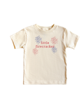 Little Firecracker graphic tee for kids in cream, red, and blue colors.
