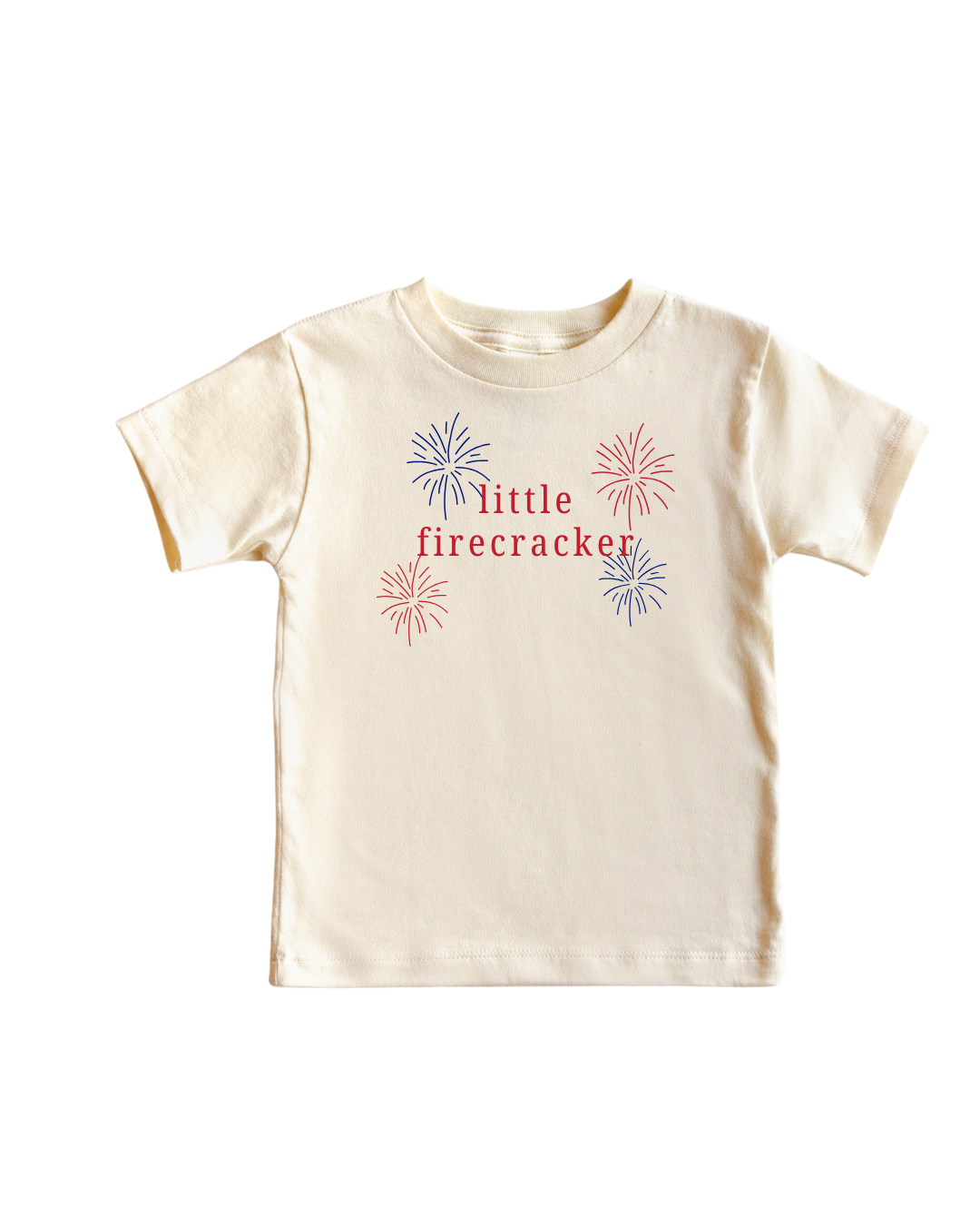 Little Firecracker graphic tee for kids in cream, red, and blue colors.