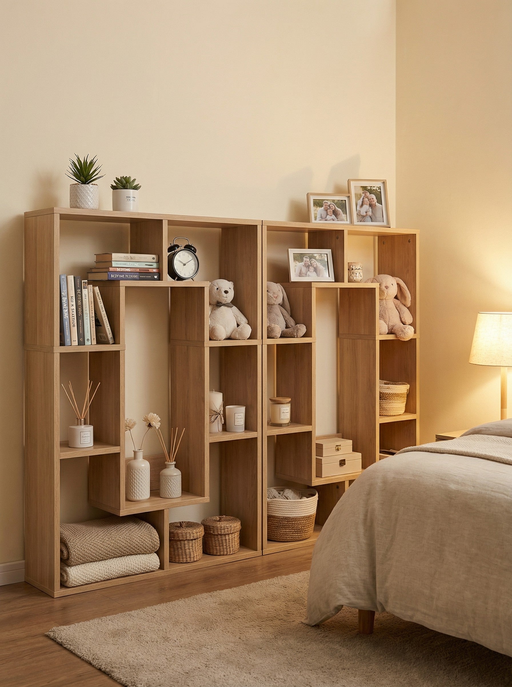 7-Tier Geometric Bookshelf, Narrow Bookcase for Small Spaces