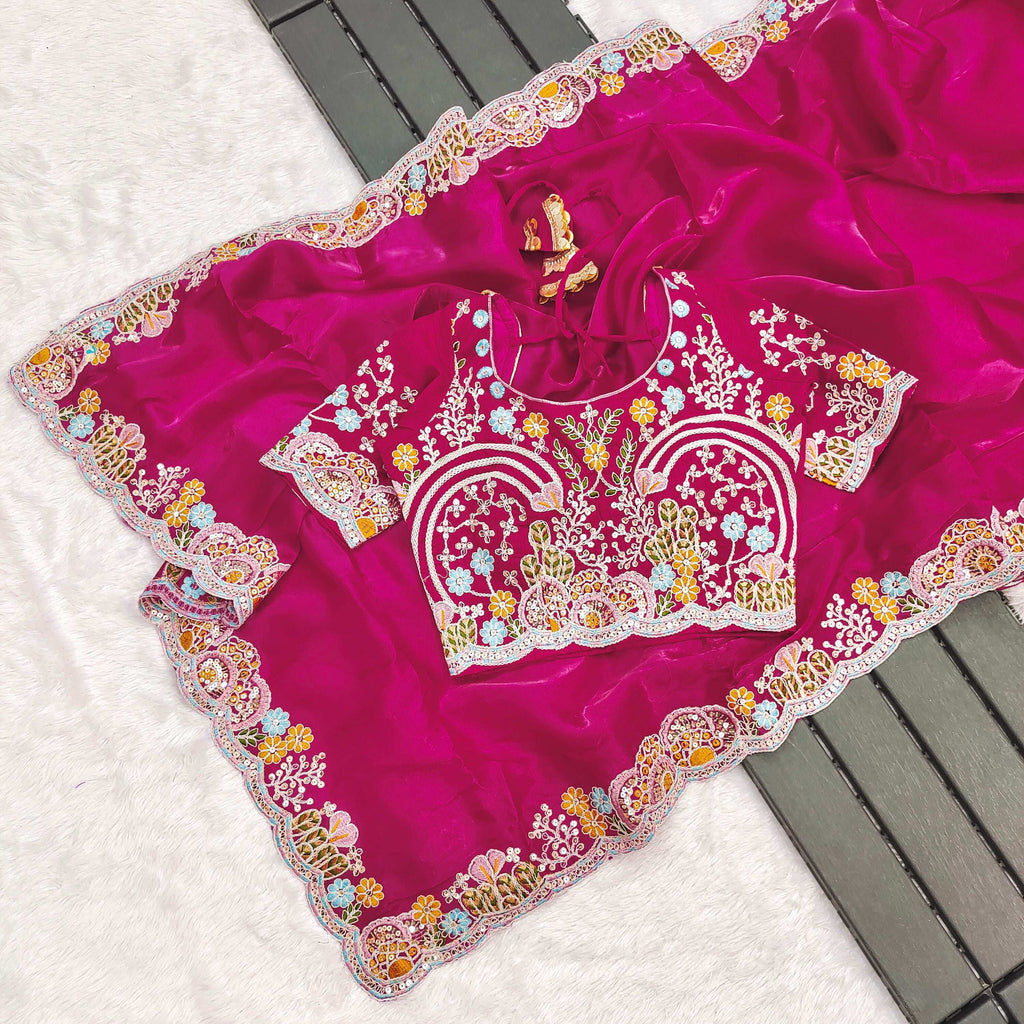 Magenta Jimmy Choo Saree with Sequins and Thread Embroidery Work