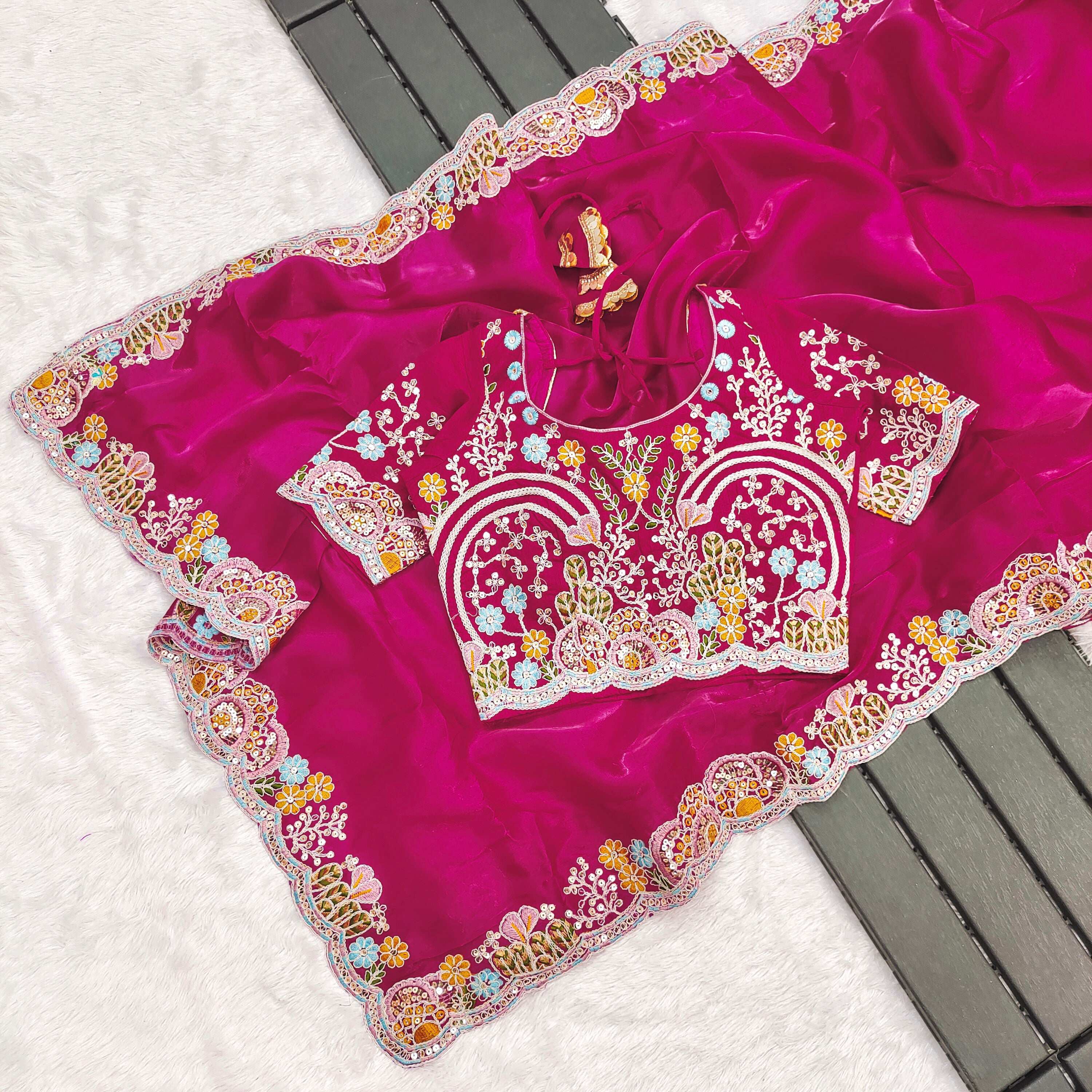 Magenta Jimmy Choo Saree with Sequins and Thread Embroidery Work