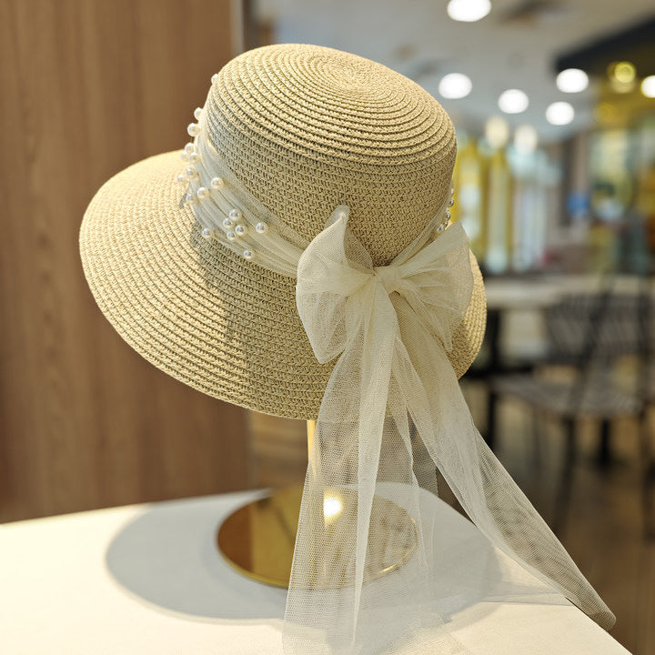 Women's Straw Sun Hat with White Bow - UV Protective Beach Visor