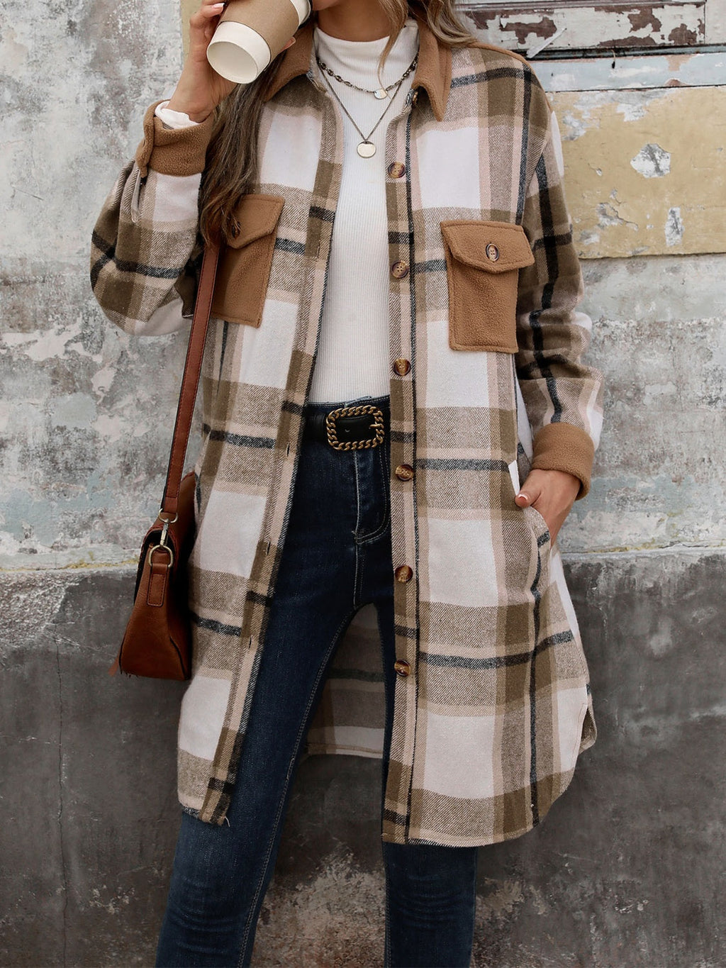 Women's Plaid Button Up Long Sleeve Coat with Side Slits - Image 4