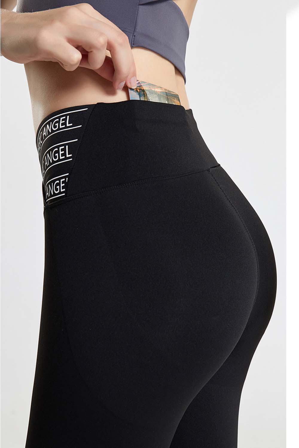 Black Slogan Print High Waist Sports Leggings for Activewear - Image 2