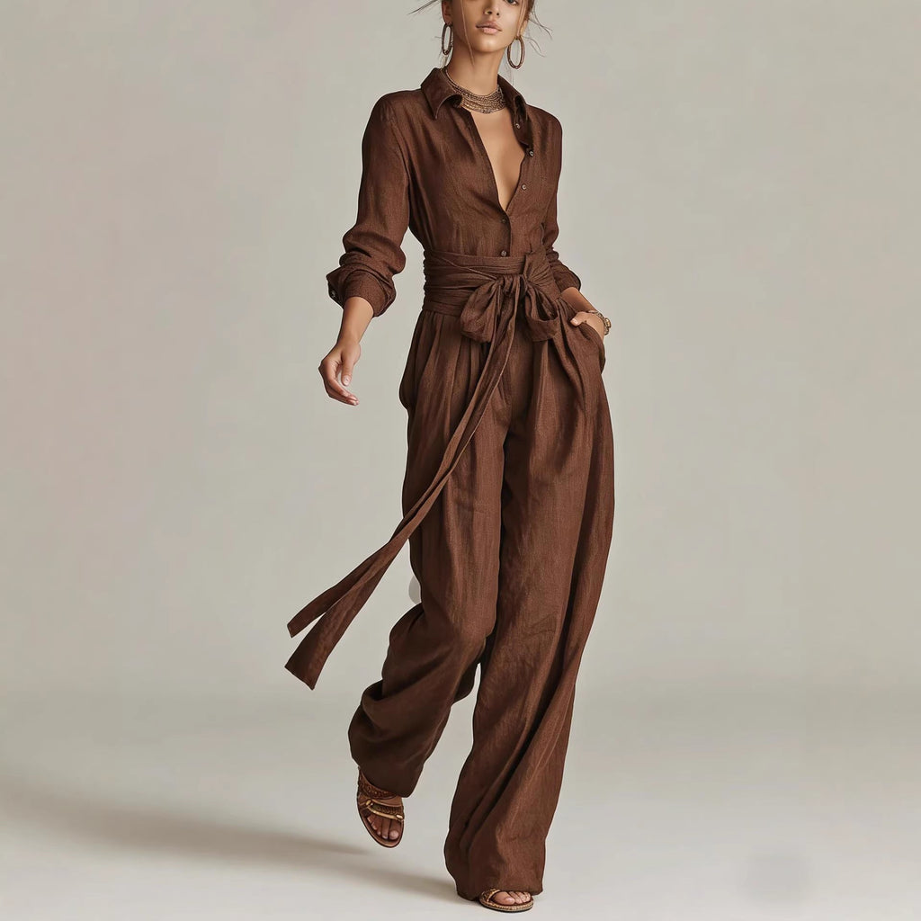 Women Solid Color Long Sleeve Button Down Shirt and Pants Set