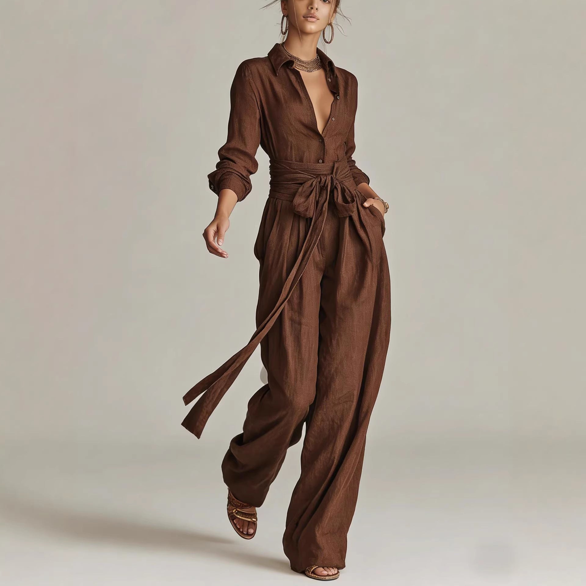 Women Solid Color Long Sleeve Button Down Shirt and Pants Set