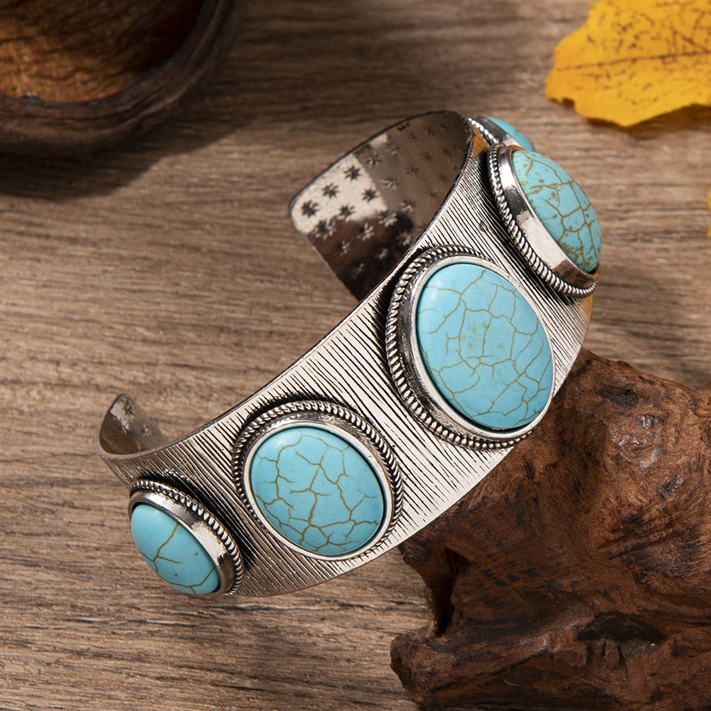 Ethnic-style Oval Turquoise Open Bracelet