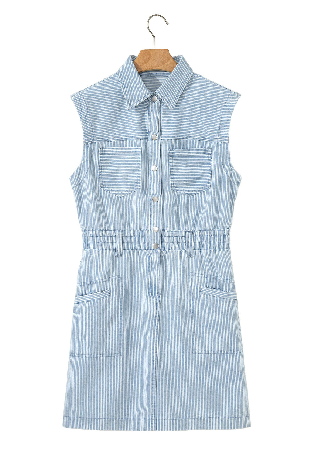 Stripe Denim Collared Button-Front Sleeveless Dress