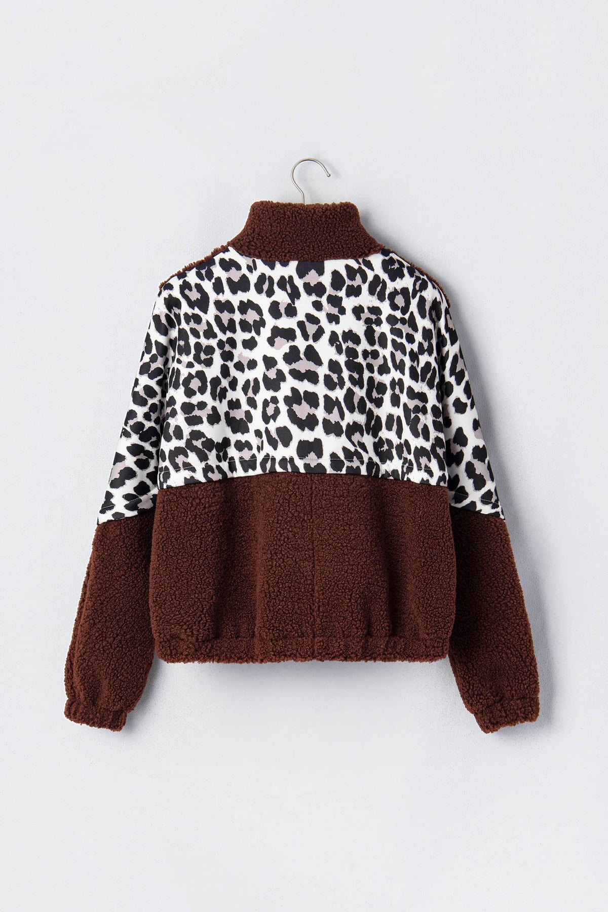 Leopard Patchwork Fleece Zip-Up Collared Jacket
