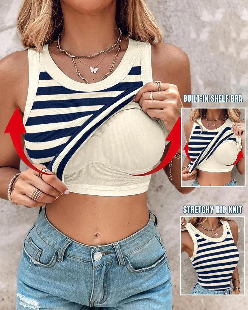 Women's Slim Fit Striped Tank Top with Built-in Shelf Bralette - Image 5