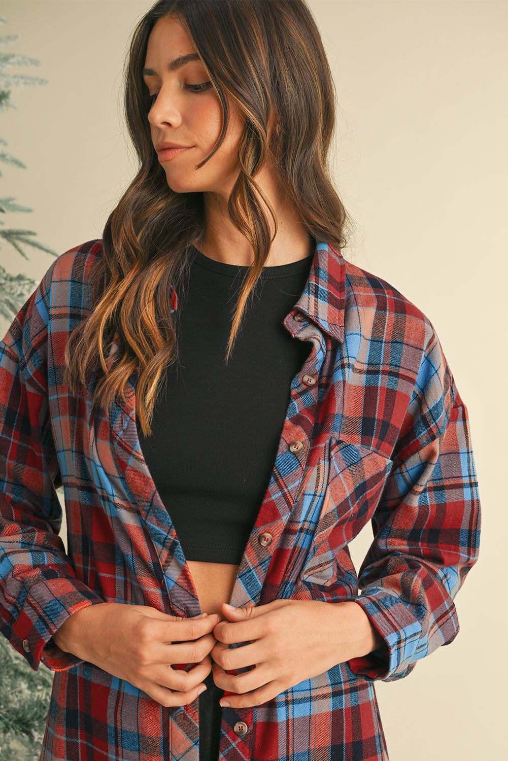 Women's Red Plaid Print Drop Sleeve Loose Shirt Casual Top