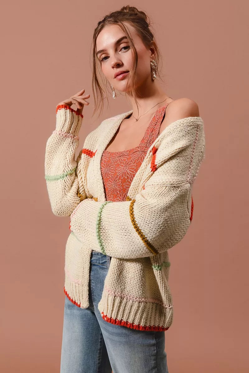 Loose Fit Multi Stripe Open Front Cardigan in Oatmeal