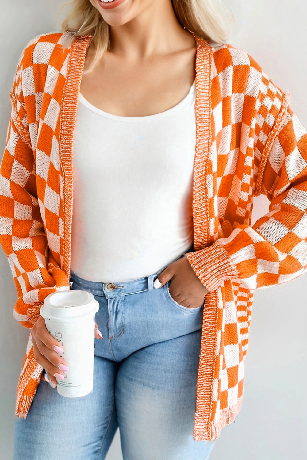 Brown Checkered Bubble Sleeve Drop Shoulder Open Cardigan