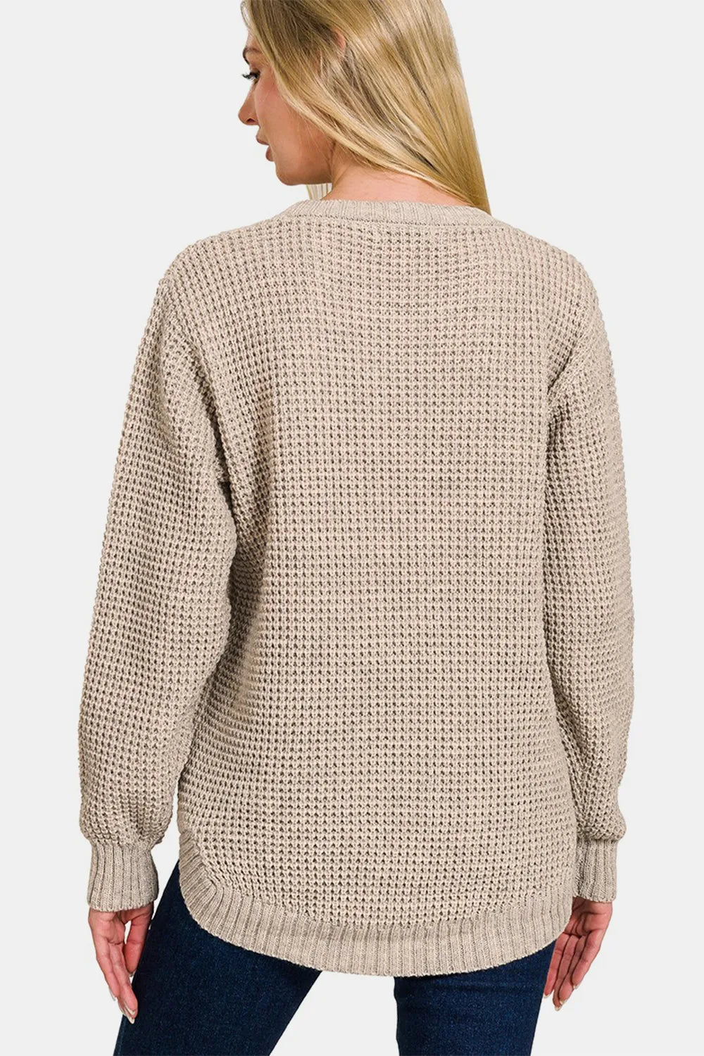Zenana High Low Waffle Knit Long Sleeve Sweater