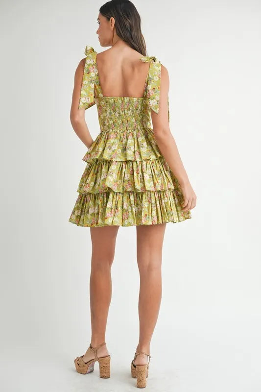 Floral Print Layered Mini Dress with Adjustable Shoulder Ties