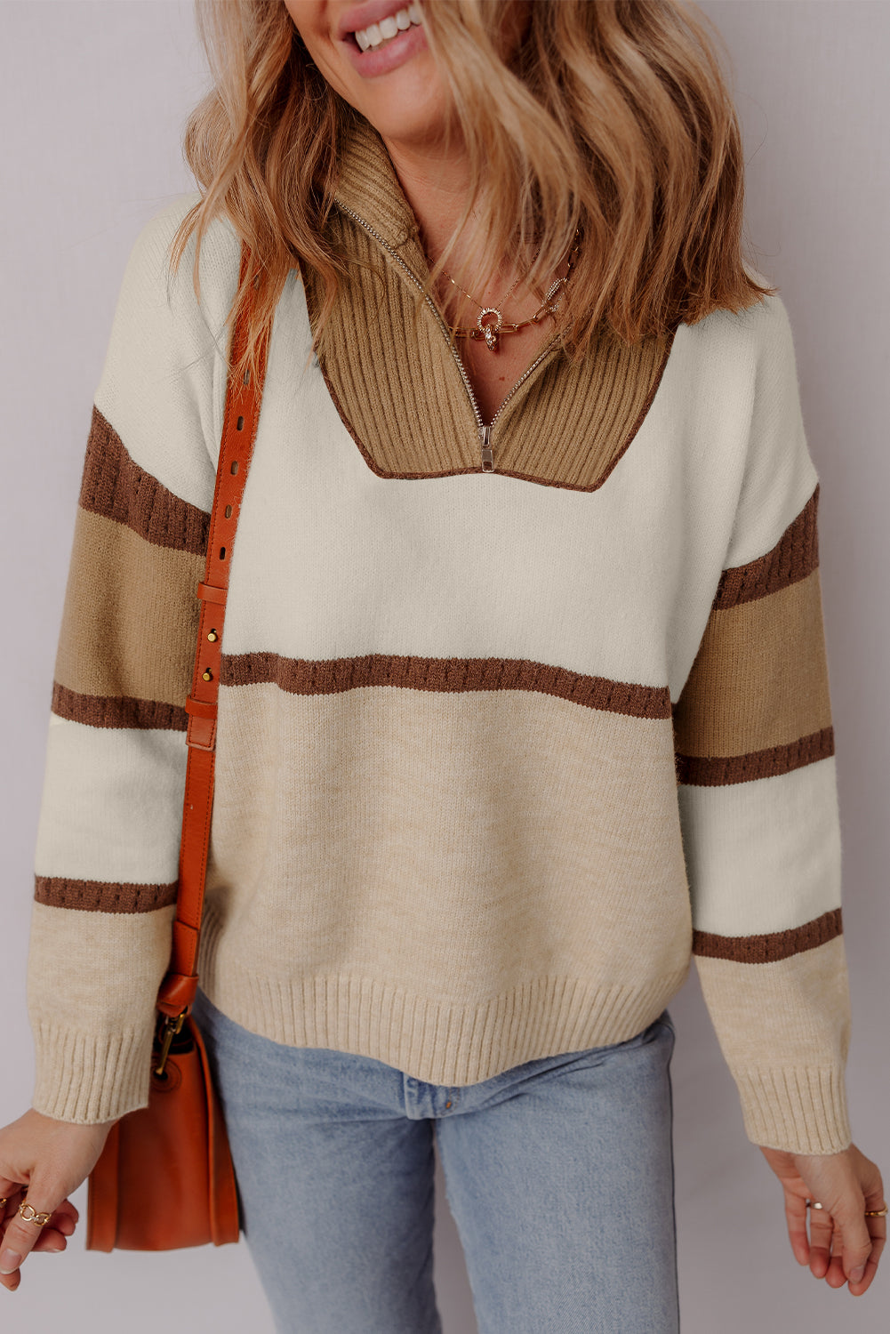 Colorblock Stripe Quarter Zip Collared Sweater