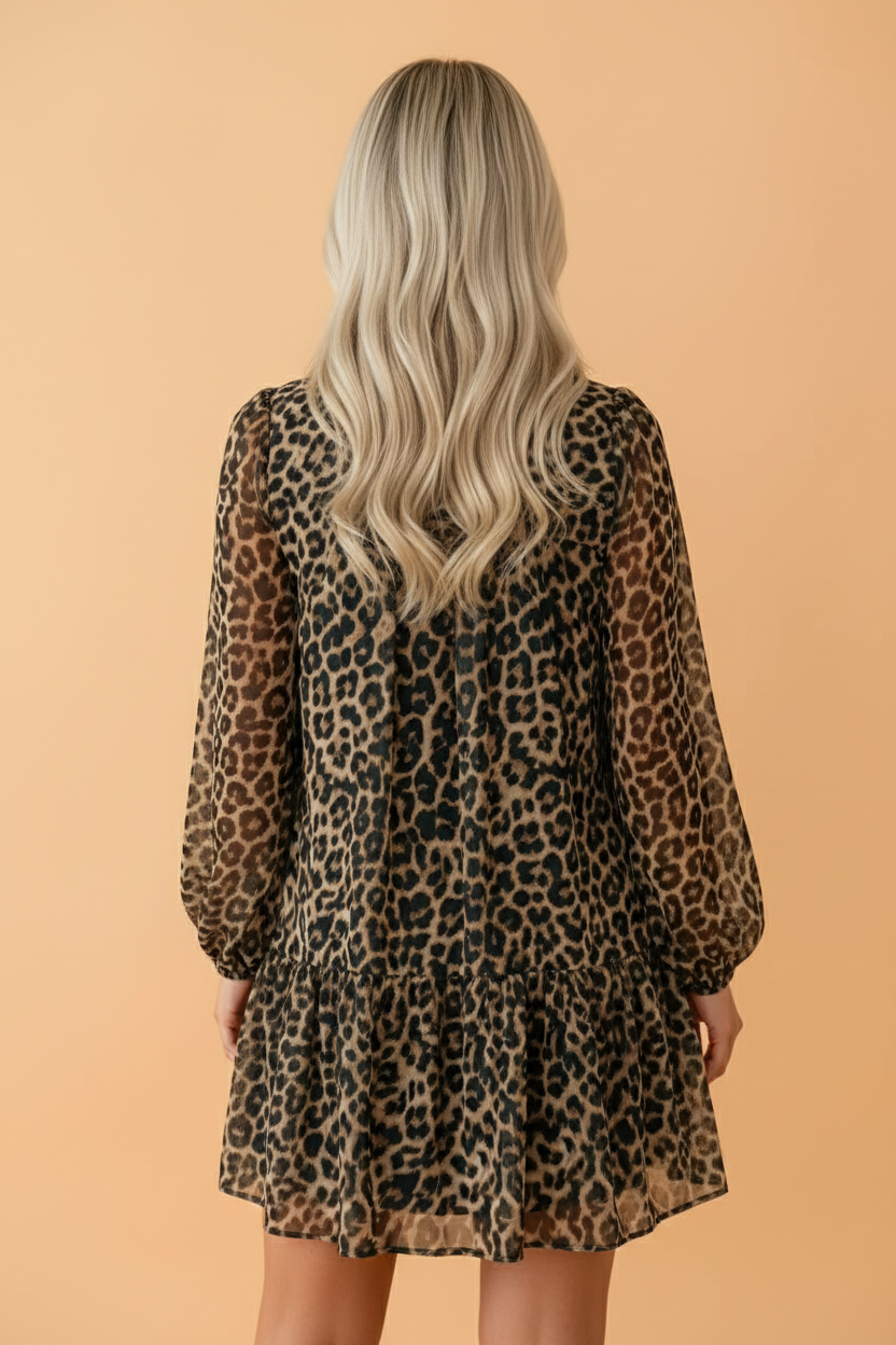 Leopard Long Sleeve Shift Mini Dress in Brown and Black