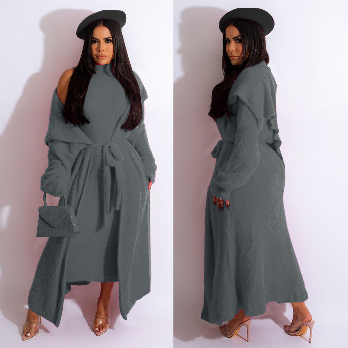 Minimalist Velvet Two-Piece Dress and Long Cardigan Set