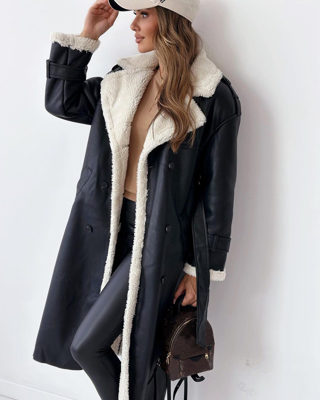Women’s Double-Breasted Faux Leather Trench Coat with Sherpa Lining - Image 2