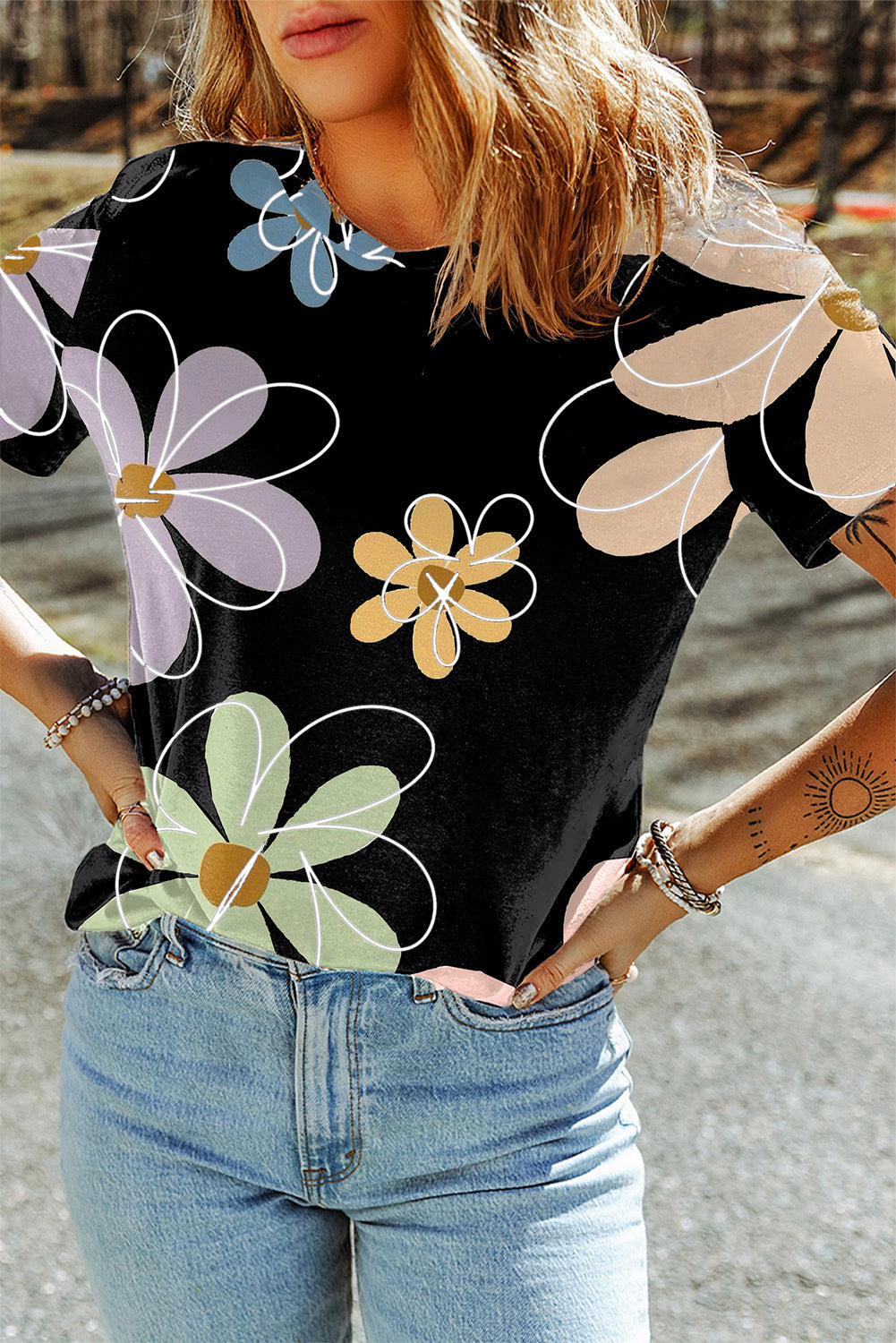 Black Summer Flower Print Casual Round Neck T-Shirt