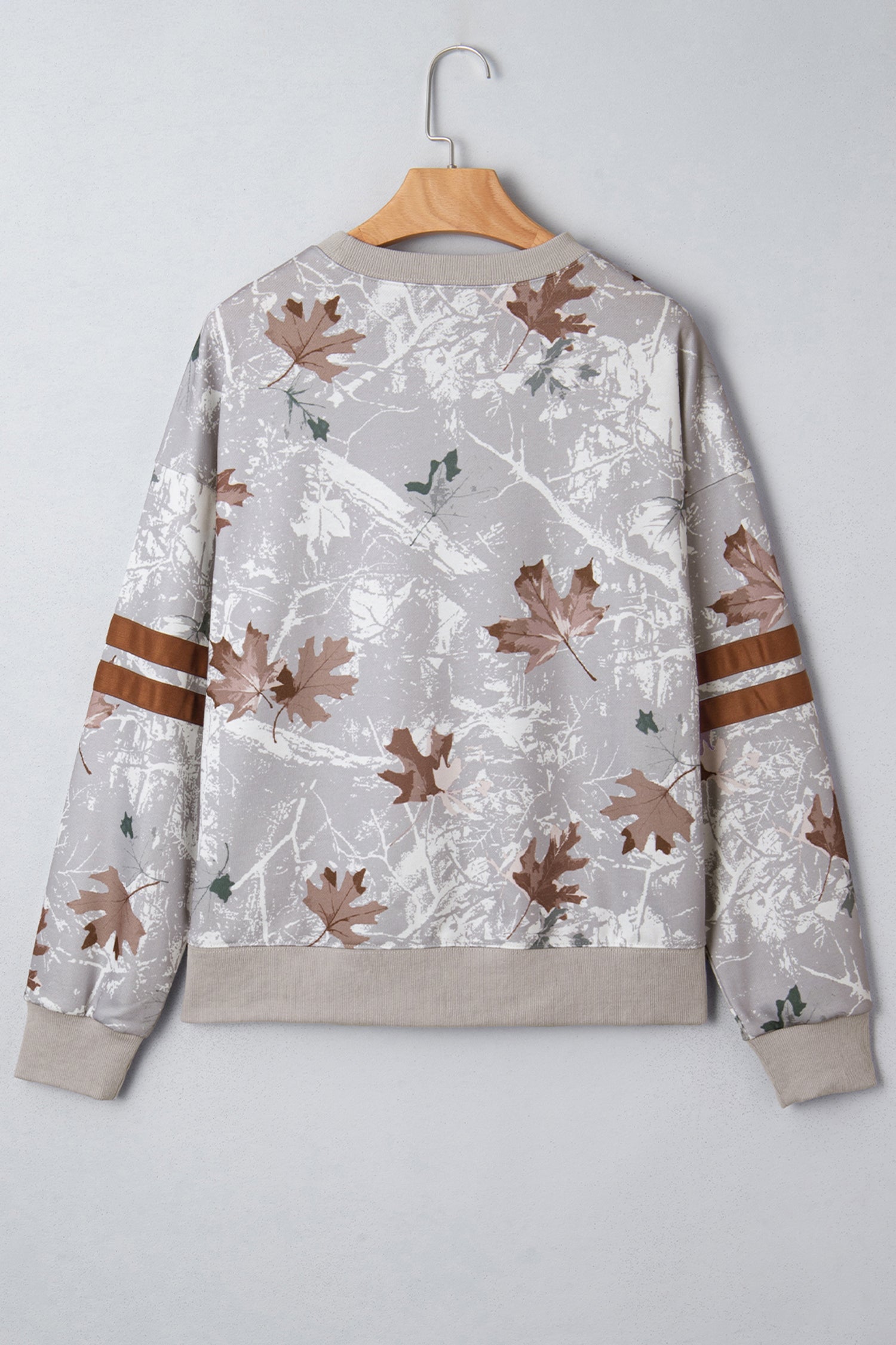 Gray Maple Leaf Camo Varsity Striped Sleeve Sweatshirt
