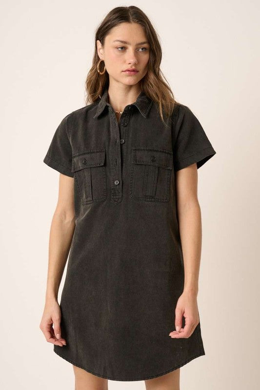 Washed Black Collared Short Sleeve Denim Shirt Dress