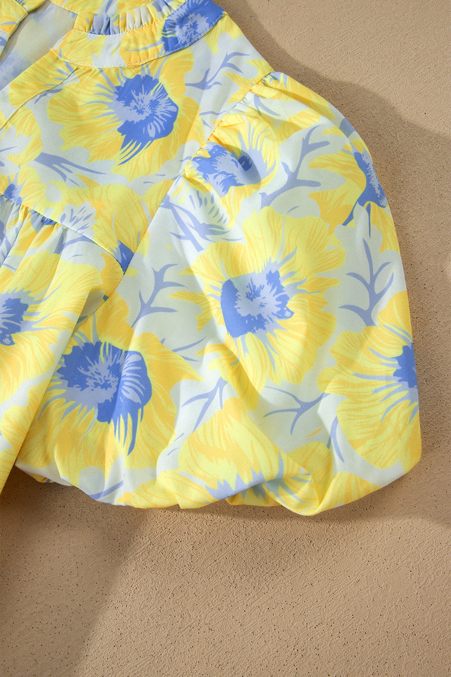 Yellow Floral Short Bubble Sleeve Summer Blouse