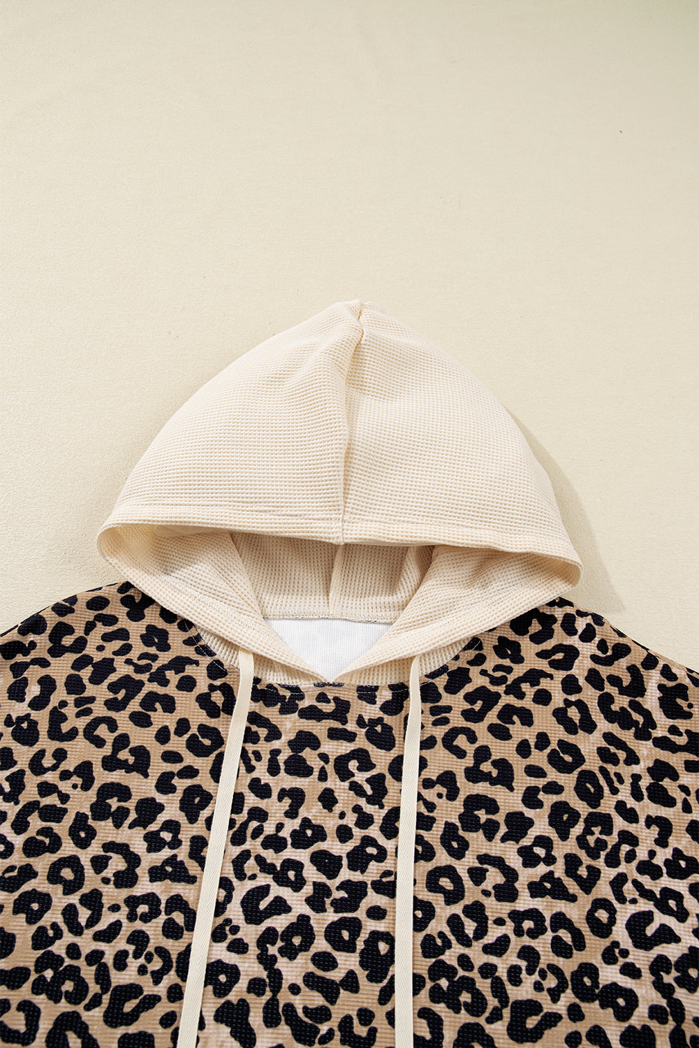 Leopard Waffle Knit Kangaroo Pocket Hooded Sweatshirt