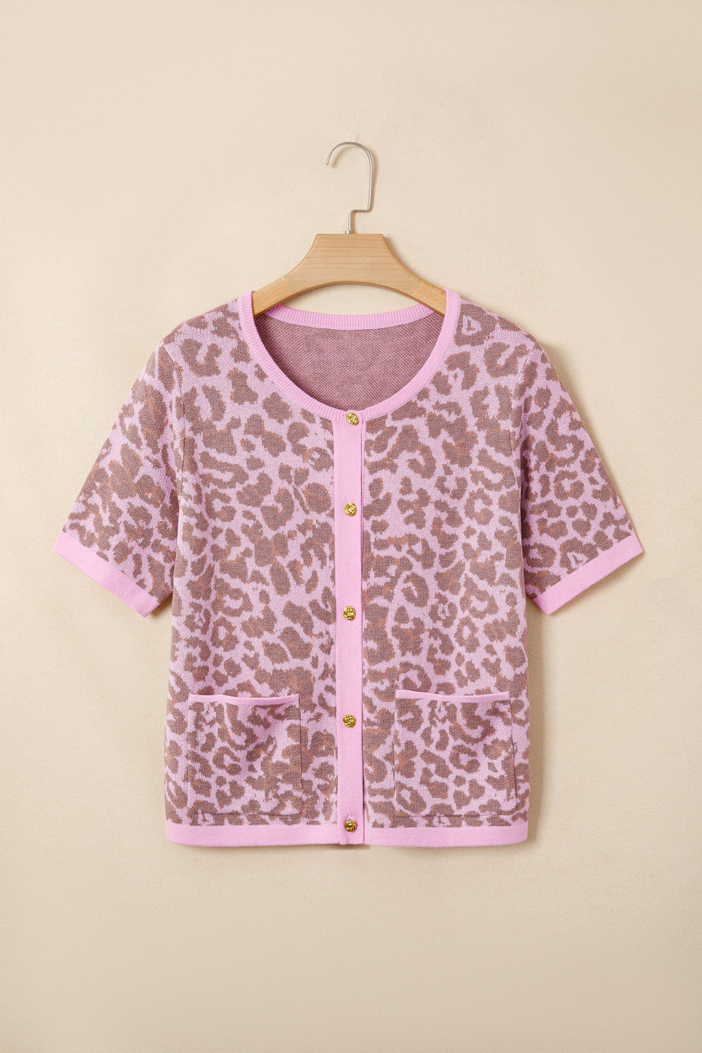 Leopard Print Button Down Short Sleeve Sweater Cardigan