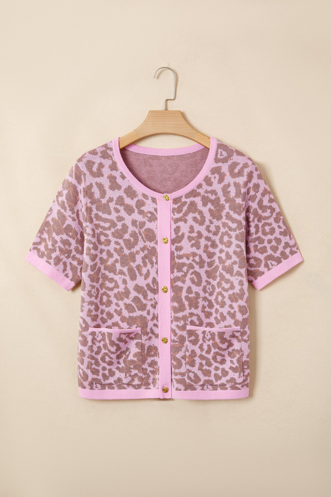 Leopard Print Button Down Short Sleeve Sweater Cardigan
