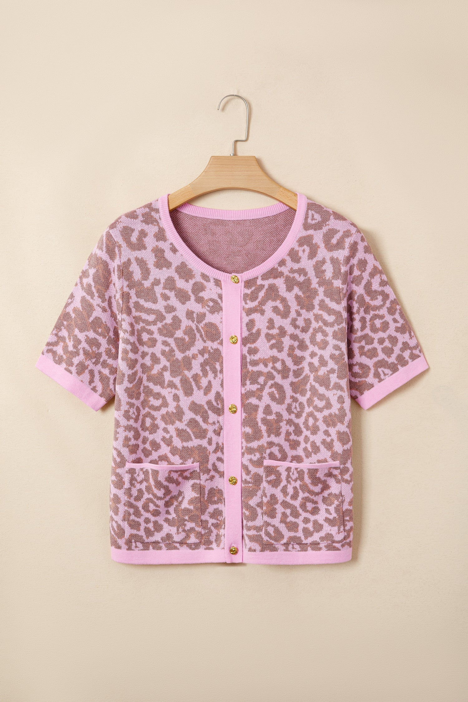 Leopard Print Button Down Short Sleeve Sweater Cardigan