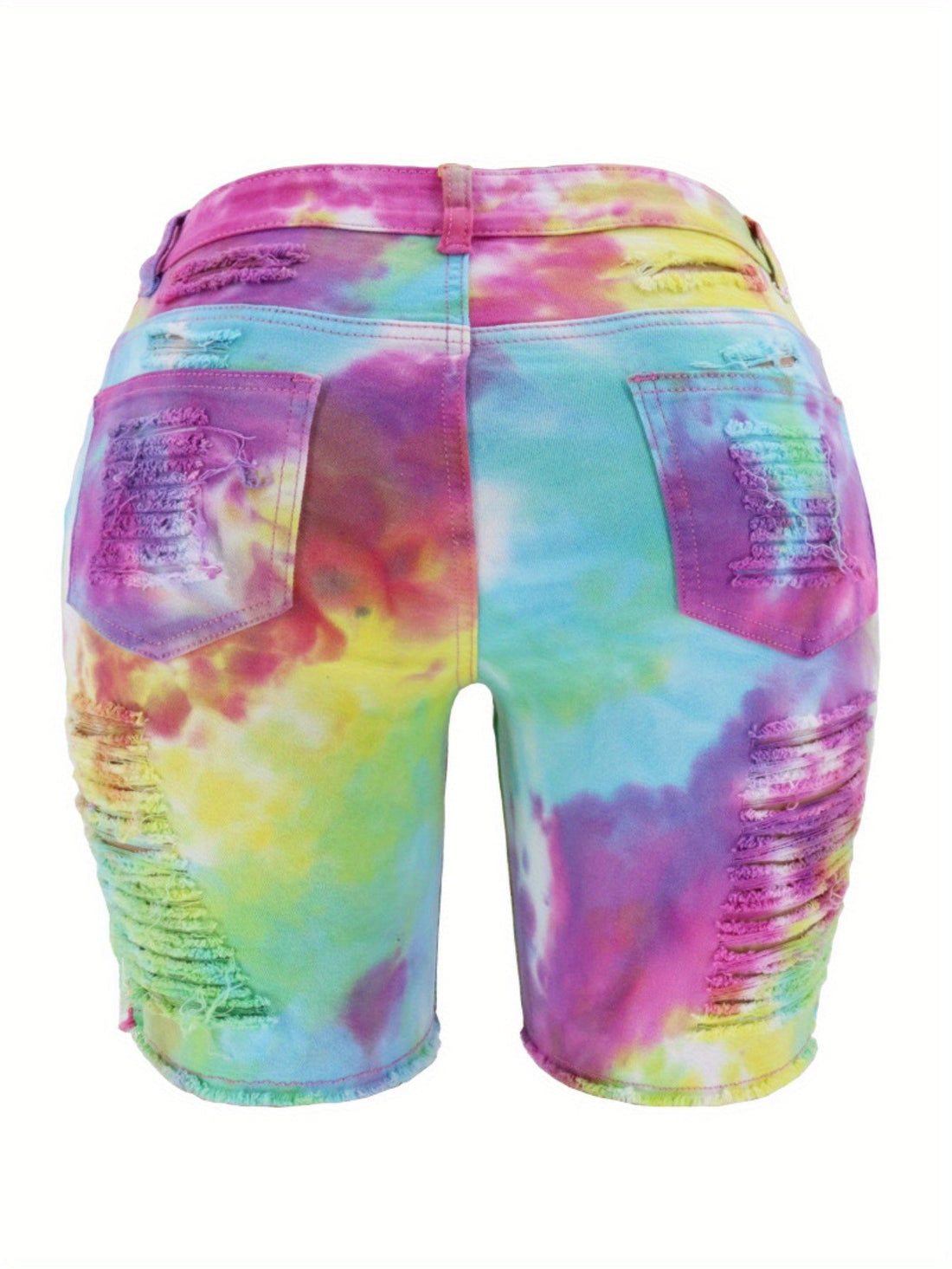 Women High Waist Tie-Dye Distressed Denim Mid-Length Shorts - Image 4