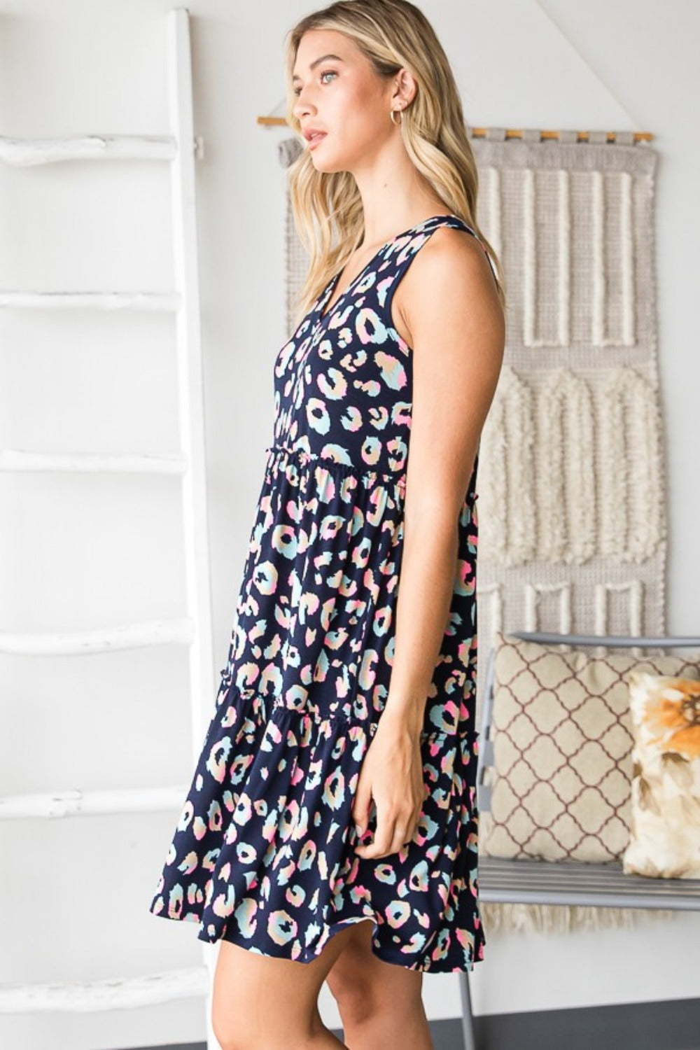 V-Neck Leopard Print Ruffled Tank Dress